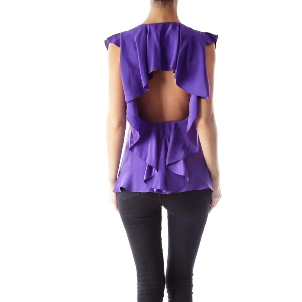 BCBG MaxAzria Purple Ruffle Open Back Top - Picture 2 of 3